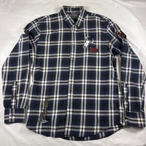 American Rag Western Plaid Shirt Men’s Medium Embroidered Skull Rose Cactus Blue